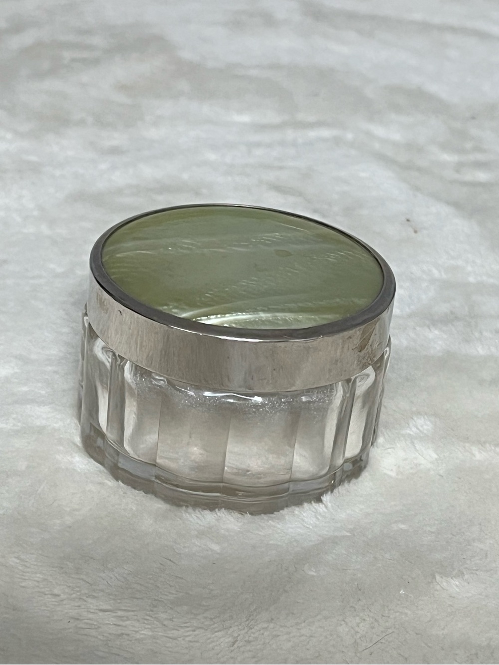 Vintage Art Deco Cream/Powder Jar Beveled Glass With Green Celluloid Lid